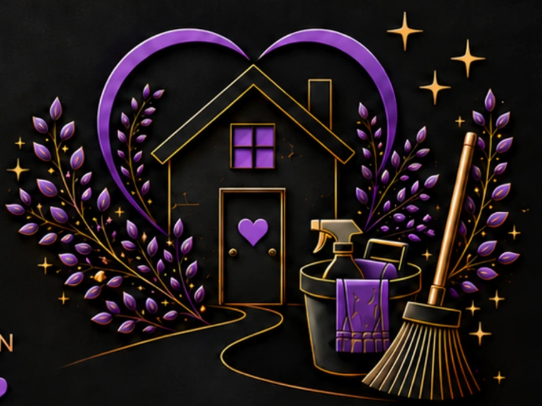 Amelia’s purple heart surrounding a home with gold details and cleaning tools